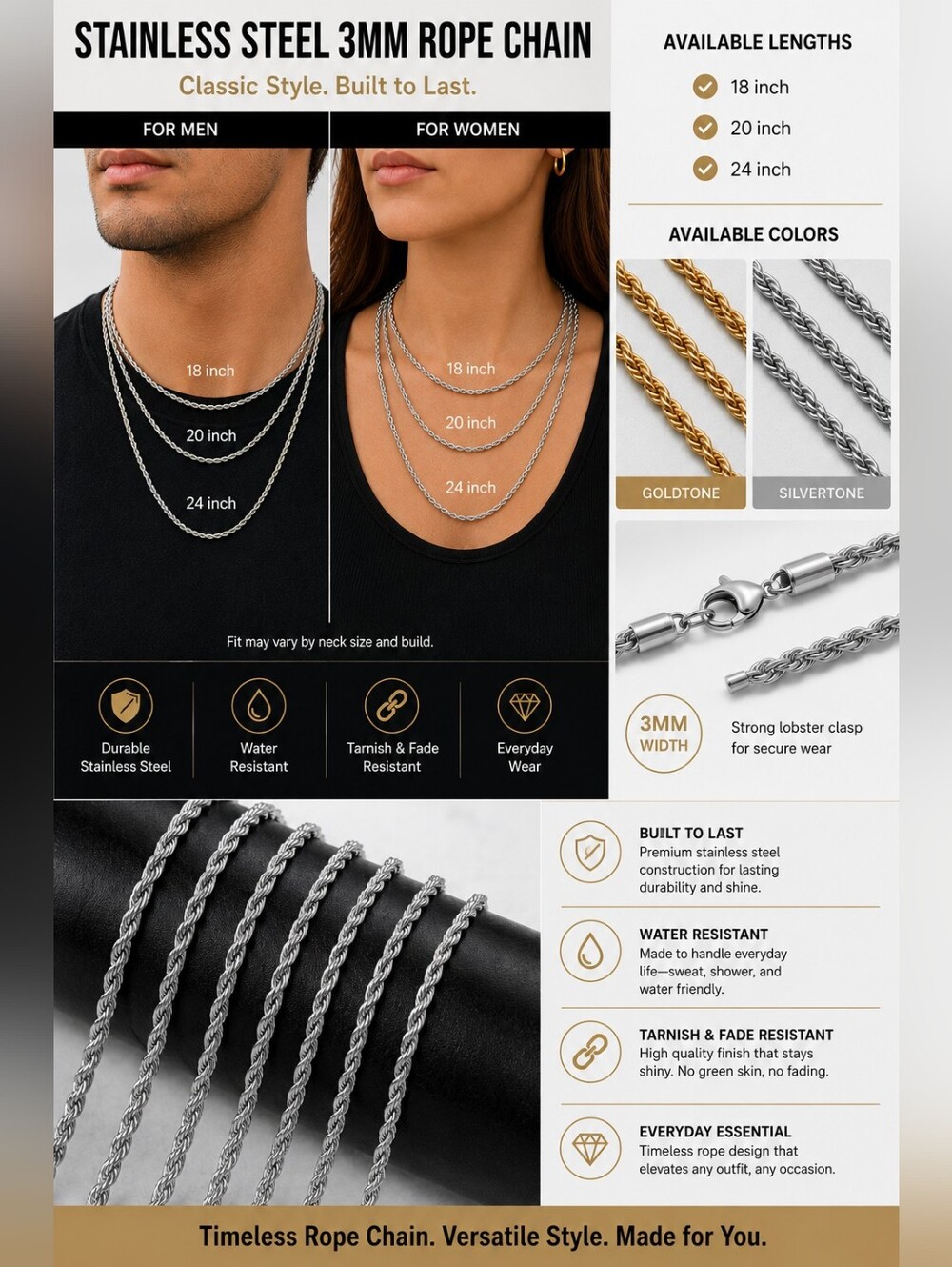 3mm Stainless Steel Rope Chain Goldtone Or Silvertone